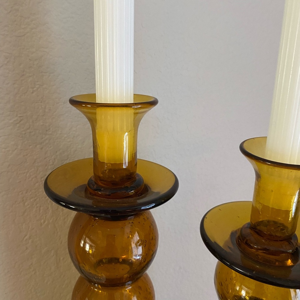 Vintage Midcentury Hand Blown Amber Bubble Glass Candle Holders MCM - Picture 5 of 7